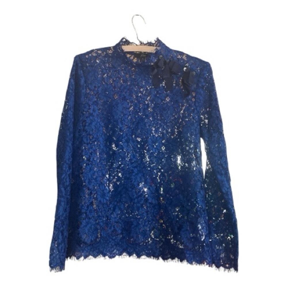 J. Crew Baroque Blue Mock-neck Floral Lace Top